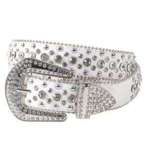 Ceinture blanche élégante ornée de strass brillants pour un style audacieux.