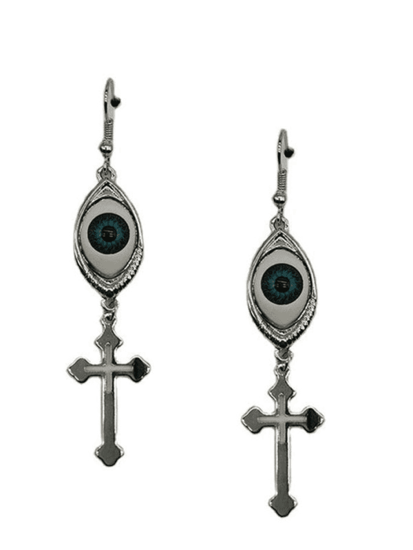 Boucles Doreilles Argentées Avec Motifs Œil Et Croix, Alliant Modernité Et Symbolisme.