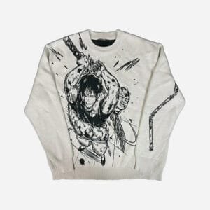 Sweater crème chic avec illustration graphique dynamique, parfait pour un style urbain moderne.