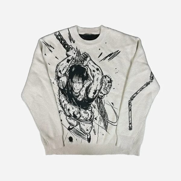 Sweater Crème Chic Avec Illustration Graphique Dynamique, Parfait Pour Un Style Urbain Moderne.