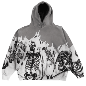 Hoodie gris et blanc avec illustrations squelettiques et flammes, style artistique audacieux.