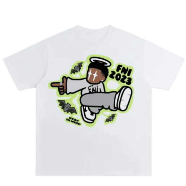 T-Shirt Cartoon Avec Personnage Espiègle, Halo, Et Chauves-Souris, Fni 2023, Style Moderne.