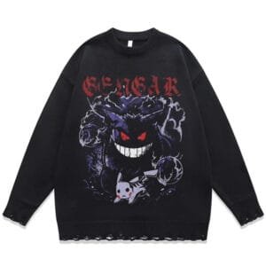 Sweatshirt oversize noir Gengar et Pikachu, streetwear tendance pour fans de Pokémon.