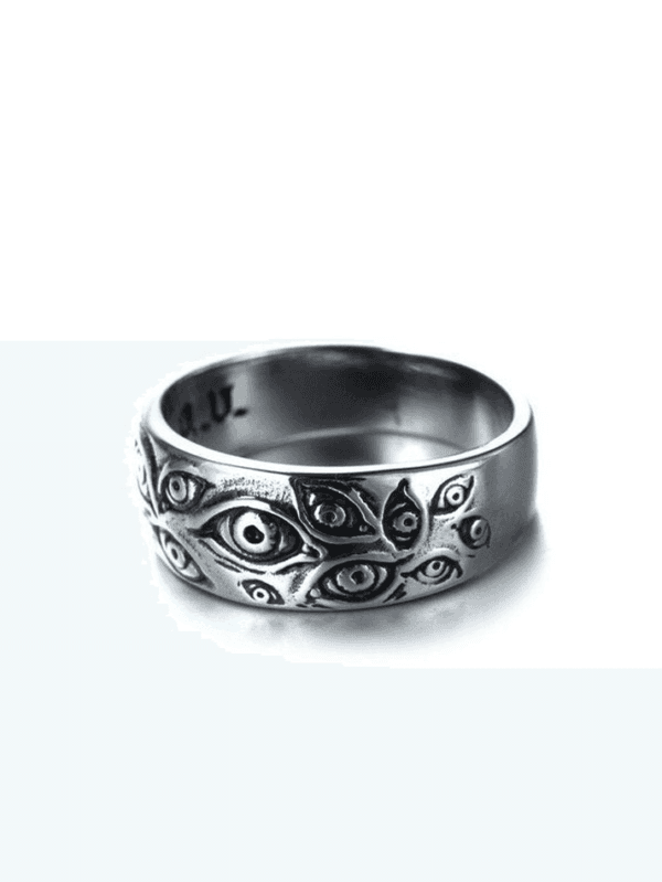 Bague Gothique En Métal Poli Avec Motifs Dyeux Et Fleurs, Artisanale Et Unique.