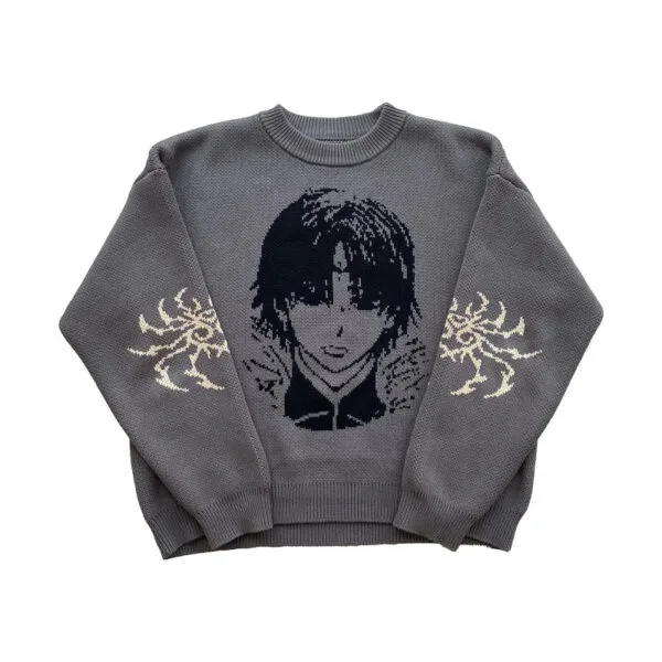 Pull Gris Oversized Avec Motif De Personnage Stylisé, Parfait Pour Un Look Décontracté.