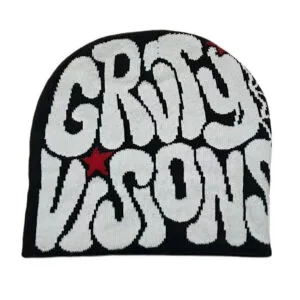Beanie Moderne Noir Et Rouge “Gritty Visions” : Style Urbain Et Confort Hivernal.
