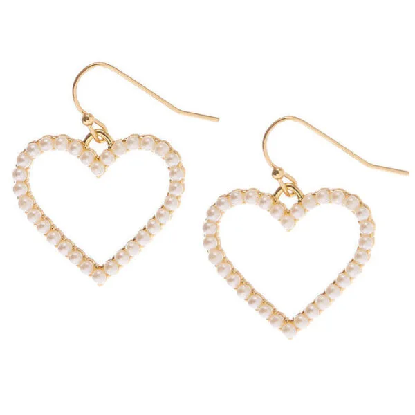 Boucles Doreilles En Cœur Dorées, Ornées De Perles Élégantes Pour Un Look Romantique.