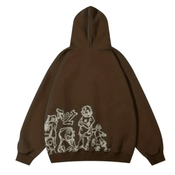 Hoodie Brun Avec Illustration Ludique Pour Une Mode Décontractée Et Originale.