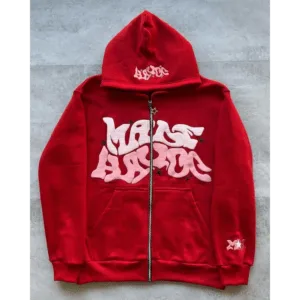 Hoodie Rouge Avec Écriture Graphique, Style Urbain, Parfait Pour Un Look Décontracté.