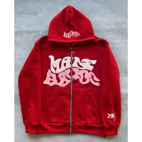 Hoodie Rouge Avec Écriture Graphique, Style Urbain, Parfait Pour Un Look Décontracté.