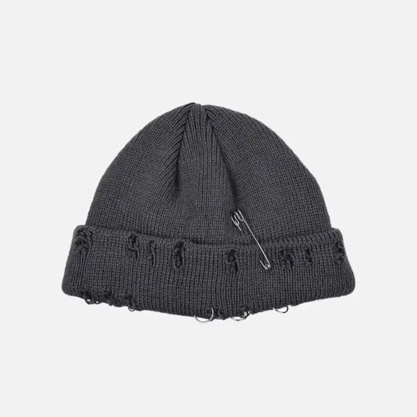 Bonnet Tricoté Gris Avec Épingle, Style Y2K, Accessoire Tendance Pour Lhiver.