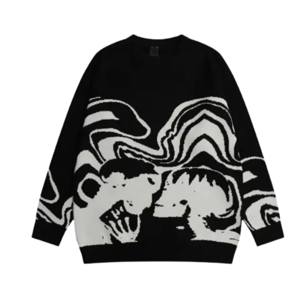 Pull Noir Et Blanc Avec Figures Stylisées Et Motifs Abstraits, Parfait Pour Un Style Contemporain.