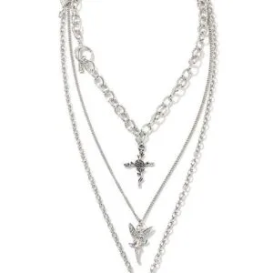 Collier Multicouche En Argent Avec Pendentifs Papillon, Croix Et Étoile, Élégant Et Symbolique.
