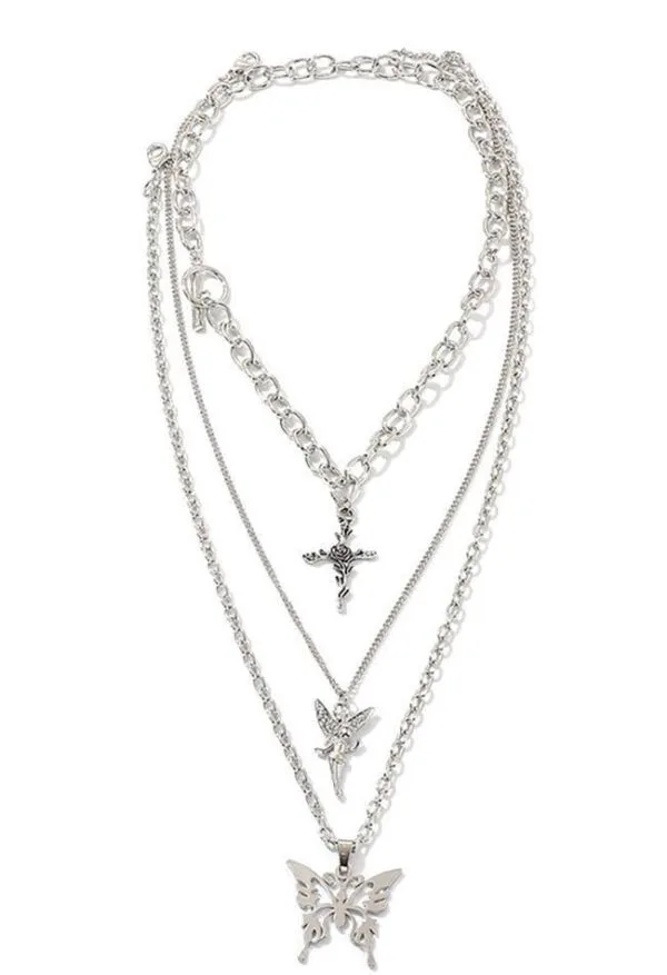 Collier Multicouche En Argent Avec Pendentifs Papillon, Croix Et Étoile, Élégant Et Symbolique.
