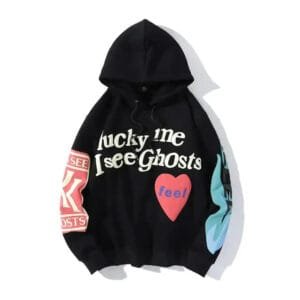 Hoodie noir avec graphique Lucky Me, I See Ghosts style Y2K, confort décontracté.