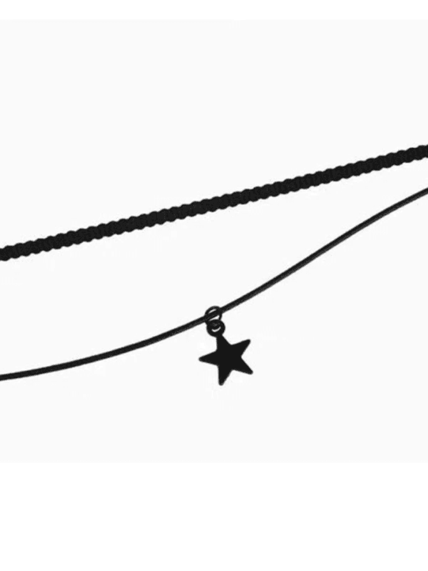 Collier Minimaliste Noir À Double Chaîne Avec Pendentif Étoile, Chic Et Tendance.