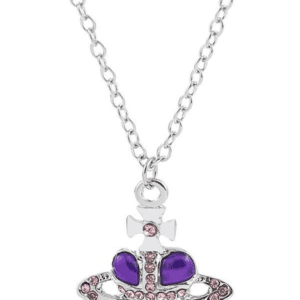 Collier Couronne En Argent Avec Pierres Précieuses Roses Et Cœur Violet, Chic Et Ludique.