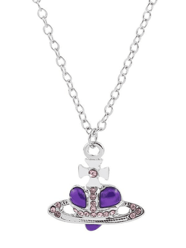 Collier Couronne En Argent Avec Pierres Précieuses Roses Et Cœur Violet, Chic Et Ludique.