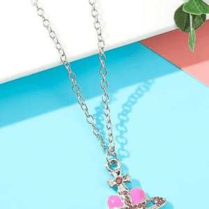 Collier En Argent Avec Pendentif Cœur Coloré Et Nœud, Style Jeune Et Tendance.