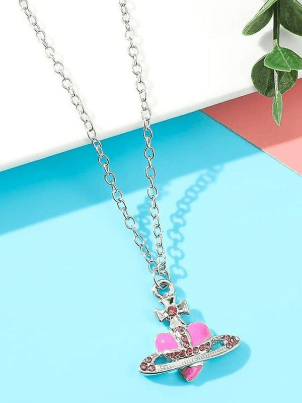 Collier En Argent Avec Pendentif Cœur Coloré Et Nœud, Style Jeune Et Tendance.