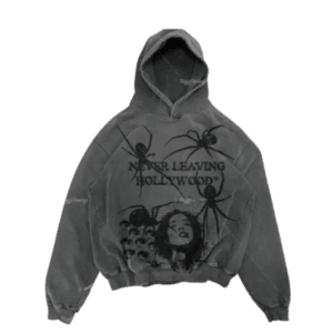 Hoodie graphique femme : esthétique urbaine avec motif daraignée et message Hollywood.