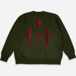 Pull En Olive Vert Avec Un Design Rouge Audacieux, Style Décontracté Et Contemporain.
