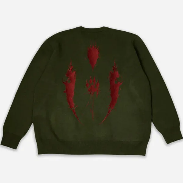 Pull En Olive Vert Avec Un Design Rouge Audacieux, Style Décontracté Et Contemporain.