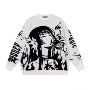 Sweatshirt oversized blanc avec illustration artistique, graphiques noirs et textes tendance HONEY DUSTED.