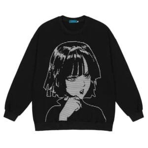 Sweatshirt noir oversized avec design graphique artistique dun personnage contemplatif.