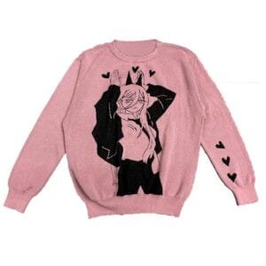 Pull en rose oversize avec graphique ludique et détails de cœurs noirs.