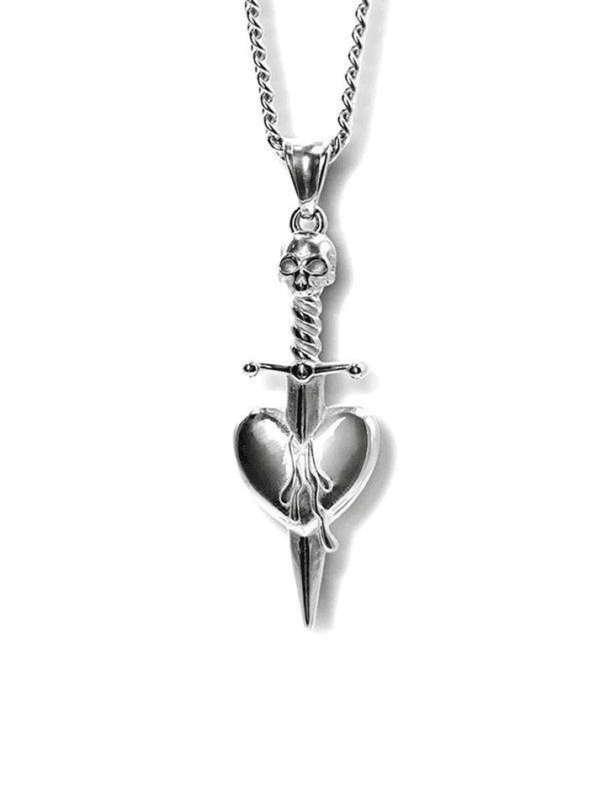 Pendentif Y2K : Amour, Mort Et Passion Avec Épée, Crâne Et Cœur En Flammes.