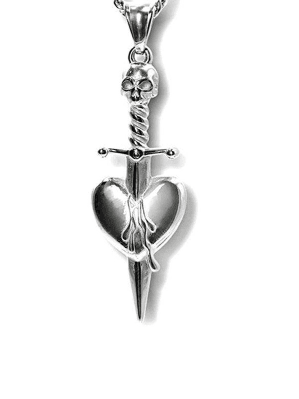 Pendentif Gothique En Argent Avec Cœur, Épée Et Crâne, Un Bijou Unique Et Captivant.