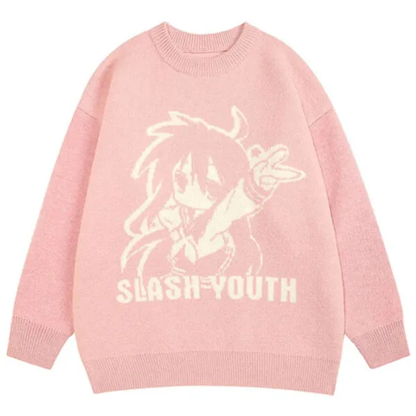 Pull Oversized Rose Avec Illustration Anime Slash Youth Pour Un Style Décontracté Et Moderne.