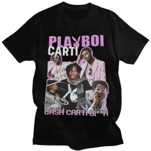 T-Shirt Noir Playboi Carti Avec Graphisme Coloré Et Phrases Accrocheuses.