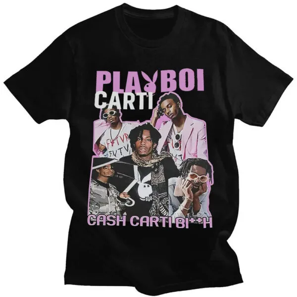 T-Shirt Noir Playboi Carti Avec Graphisme Coloré Et Phrases Accrocheuses.