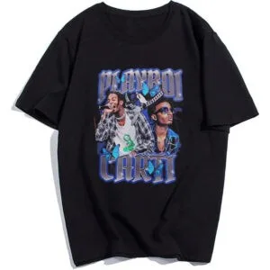 T-Shirt Noir Playboi Carti Avec Design Graphique Inspiré Du Hip-Hop, Tendance Streetwear.