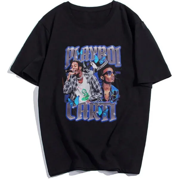 T-Shirt Noir Playboi Carti Avec Design Graphique Inspiré Du Hip-Hop, Tendance Streetwear.