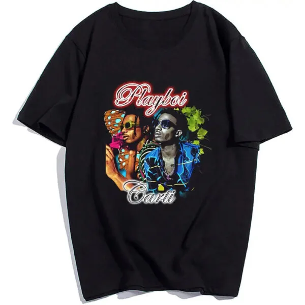 T-Shirt Noir Graphique Playboi Carti Avec Portraits Colorés Et Style Urbain Tendance.