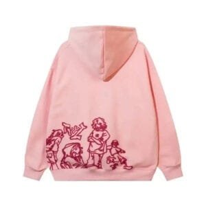 Hoodie rose avec dessins amusants, idéal pour un look décontracté et tendance.