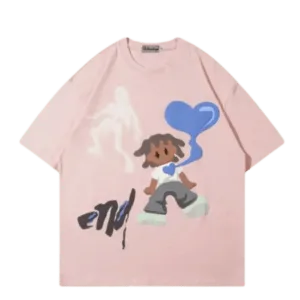 T-Shirt Oversize Rose Avec Illustration Ludique Et Cœur Bleu, Parfait Pour Un Look Décontracté.