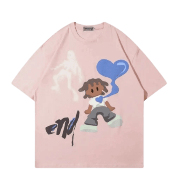 T-Shirt Oversize Rose Avec Illustration Ludique Et Cœur Bleu, Parfait Pour Un Look Décontracté.