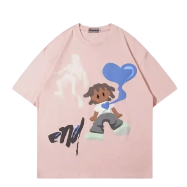 T-Shirt Oversize Rose Avec Illustration Ludique Et Cœur Bleu, Parfait Pour Un Look Décontracté.