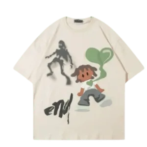 T-Shirt Crème Artistique Avec Motifs Colorés Et Vibes Positives, Style Décontracté.