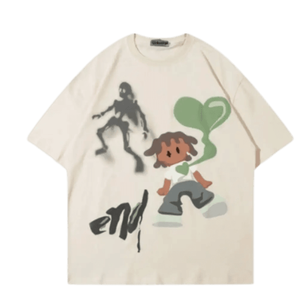 T-Shirt Crème Artistique Avec Motifs Colorés Et Vibes Positives, Style Décontracté.