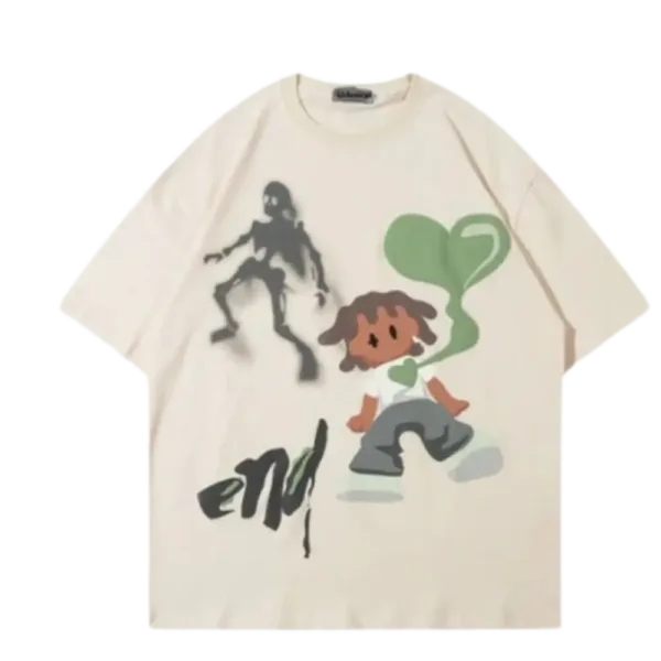 T-Shirt Crème Artistique Avec Motifs Colorés Et Vibes Positives, Style Décontracté.
