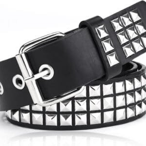 Ceinture noire à studs argentés, style punk audacieux et élégant pour vos tenues.