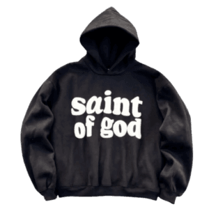 Hoodie noir Saint of God élégant, tendance, et confortable pour un look décontracté.