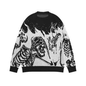 Sweatshirt artistique noir et blanc avec squelettes amusants et uniques, style Y2K.