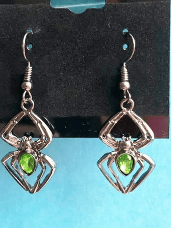 Boucles Doreilles Araignée En Argent Sterling Avec Strass Vert, Élégantes Et Uniques.