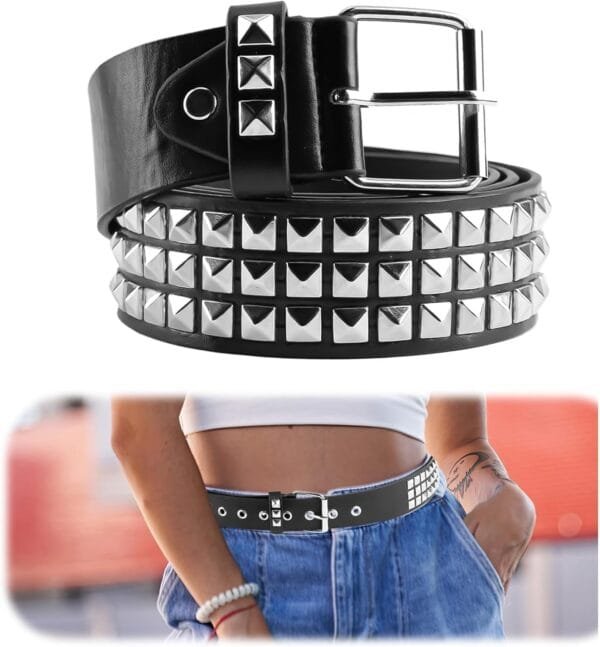 Ceinture Noire Chic Avec Clous, Idéale Pour Un Look Tendance Et Décontracté.